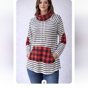 Vivette Black & White Striped Cowl Neck Top w/ Red Plaid Pocket & Accents, XL